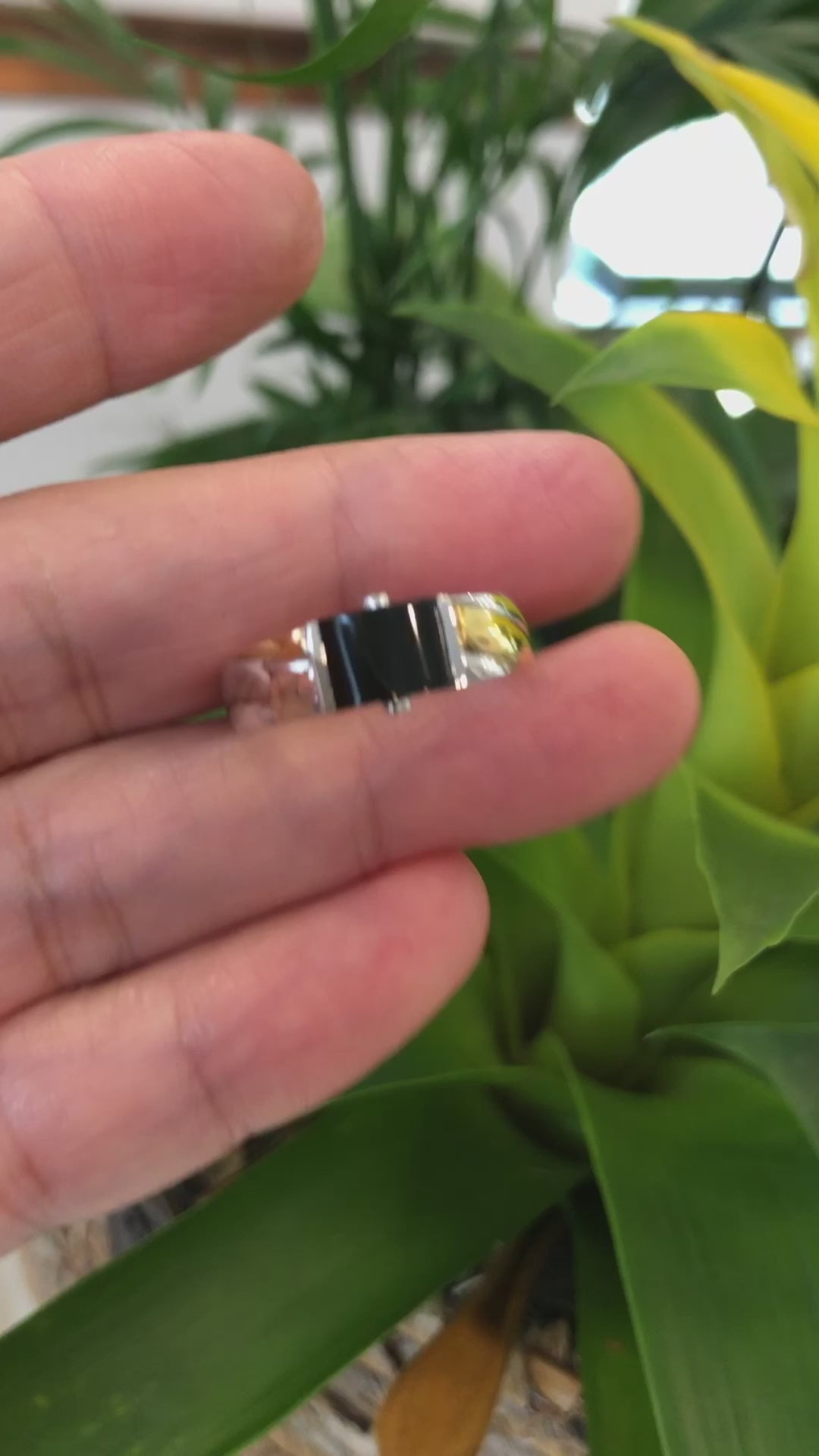 Load and play video in Gallery viewer, RealJade® Co.™ &amp;quot;Two Tone Half Round&amp;quot; Genuine Burmese Black Jadeite Jade Wedding Band

