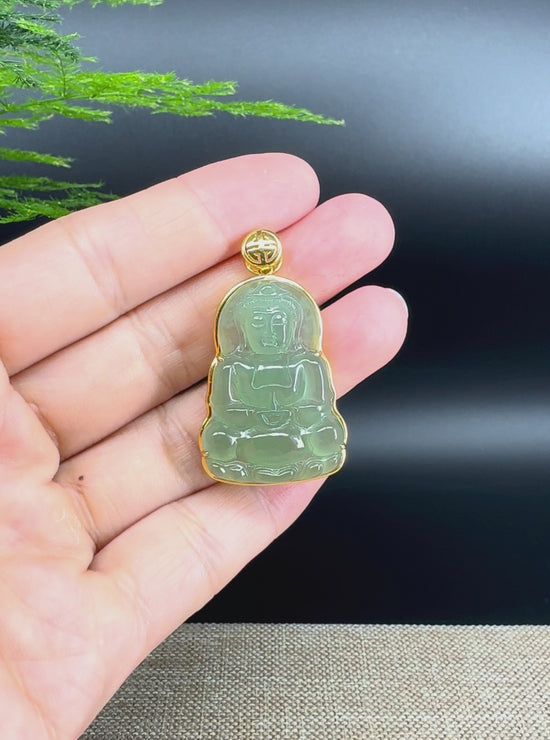 Load and play video in Gallery viewer, &amp;quot;Goddess of Compassion&amp;quot; 18k Yellow Gold Genuine Burmese Jadeite Jade Guanyin Necklace With Good Luck Design
