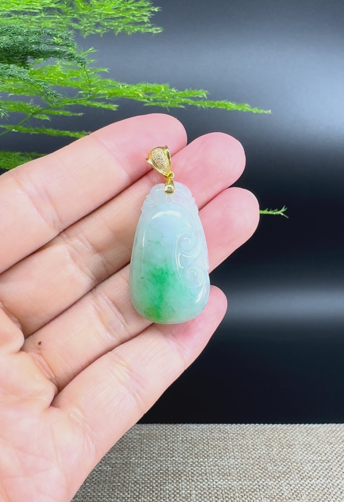 RealJade® Co. Genuine White Green Jadeite Jade Good Luck RuYi Necklace With 18K Yellow Gold Bail