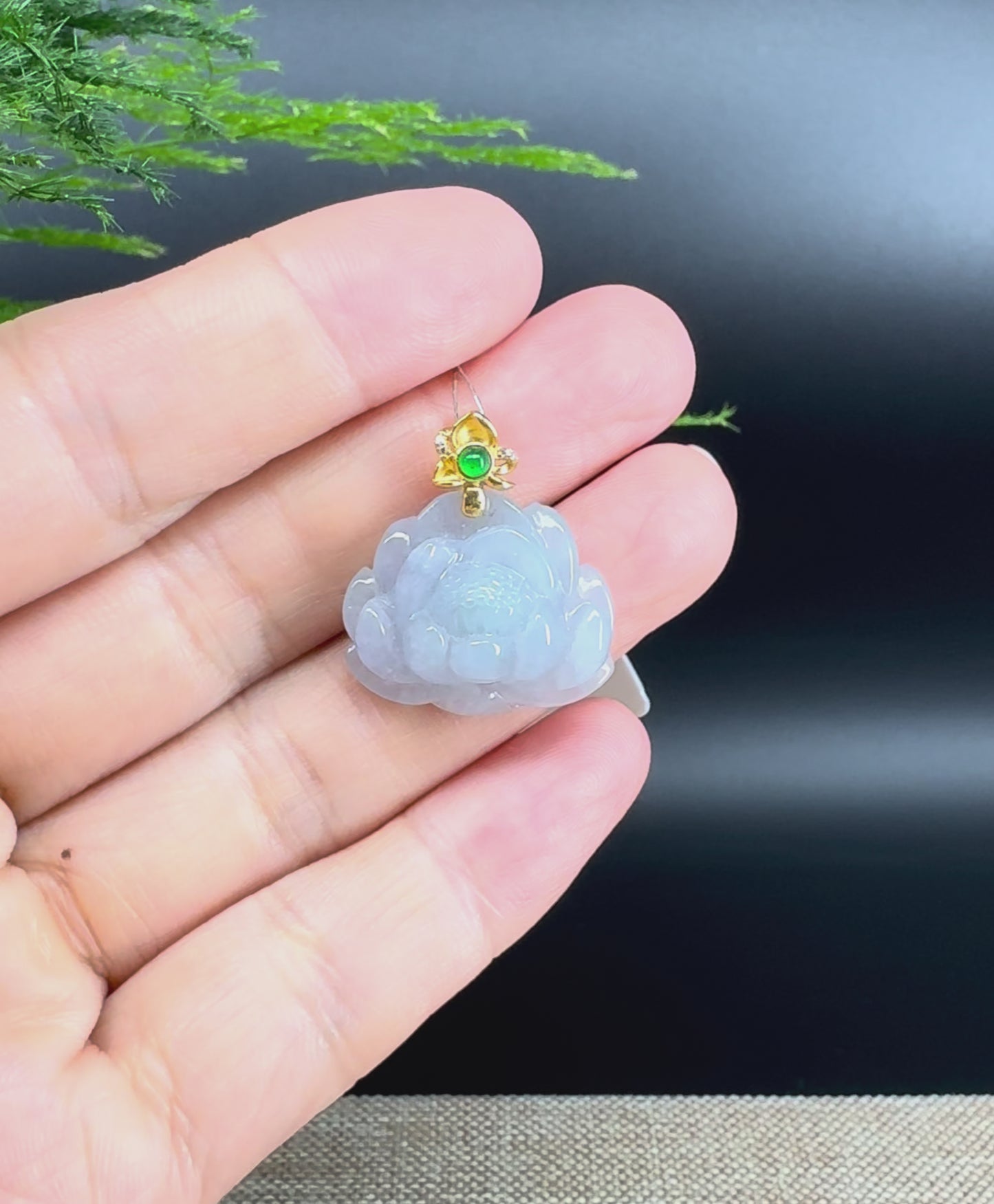 RealJade® Co. Genuine Lavender Jadeite Jade Good Lotus Necklace With 18K Yellow Gold Bail