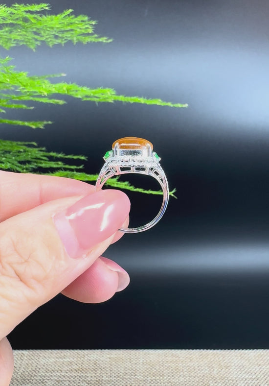 Load and play video in Gallery viewer, RealJade® &amp;quot;Amelie&amp;quot; 18k White Gold Natural Yellow Jadeite Hulu Ring With Diamonds

