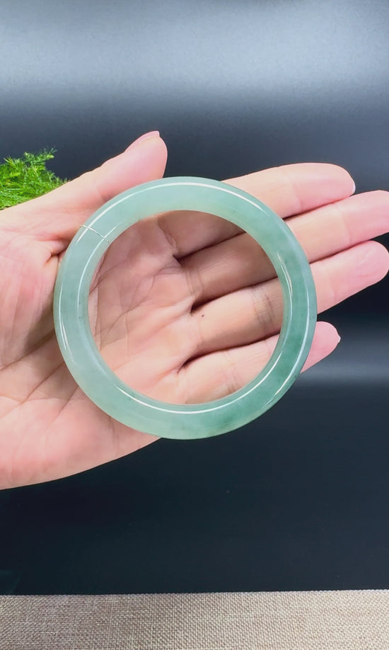 Load and play video in Gallery viewer, Genuine Burmese Oil Green Jade Jadeite Bangle Bracelet ( 56.2mm )
