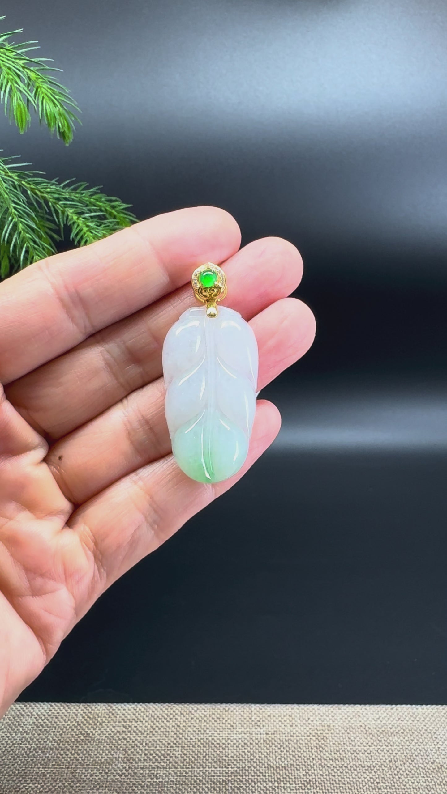 RealJade® Co. Genuine White Green Jadeite Jade Jin Zhi Yu Ye (Leaf) Necklace With 18K Yellow Gold Diamonds Bail
