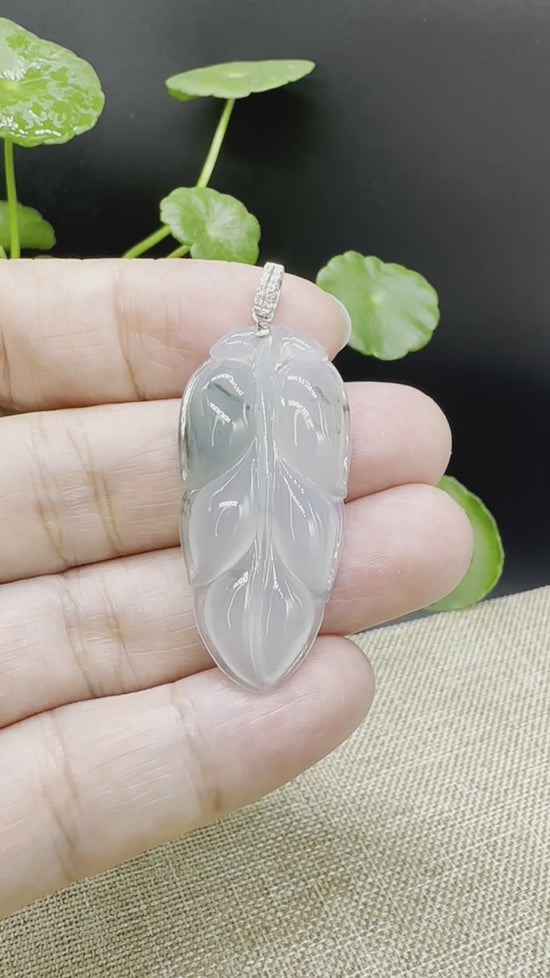 Load and play video in Gallery viewer, High end Genuine Ice Jadeite Jade Jin Zhi Yu Ye (Leaf) Necklace With White Gold SI Diamond Bail
