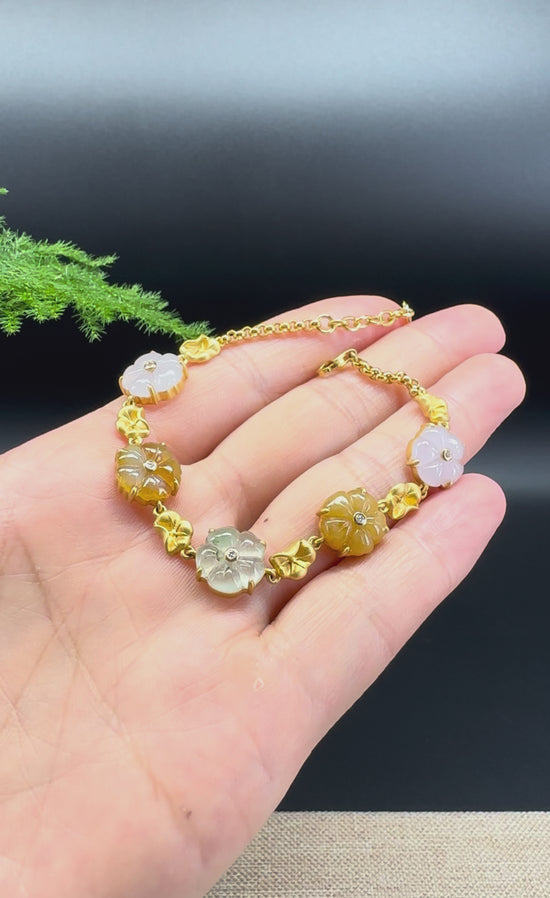 Load and play video in Gallery viewer, 18K Yellow Gold Multi-Color Flowers Jadeite Jade Bracelet
