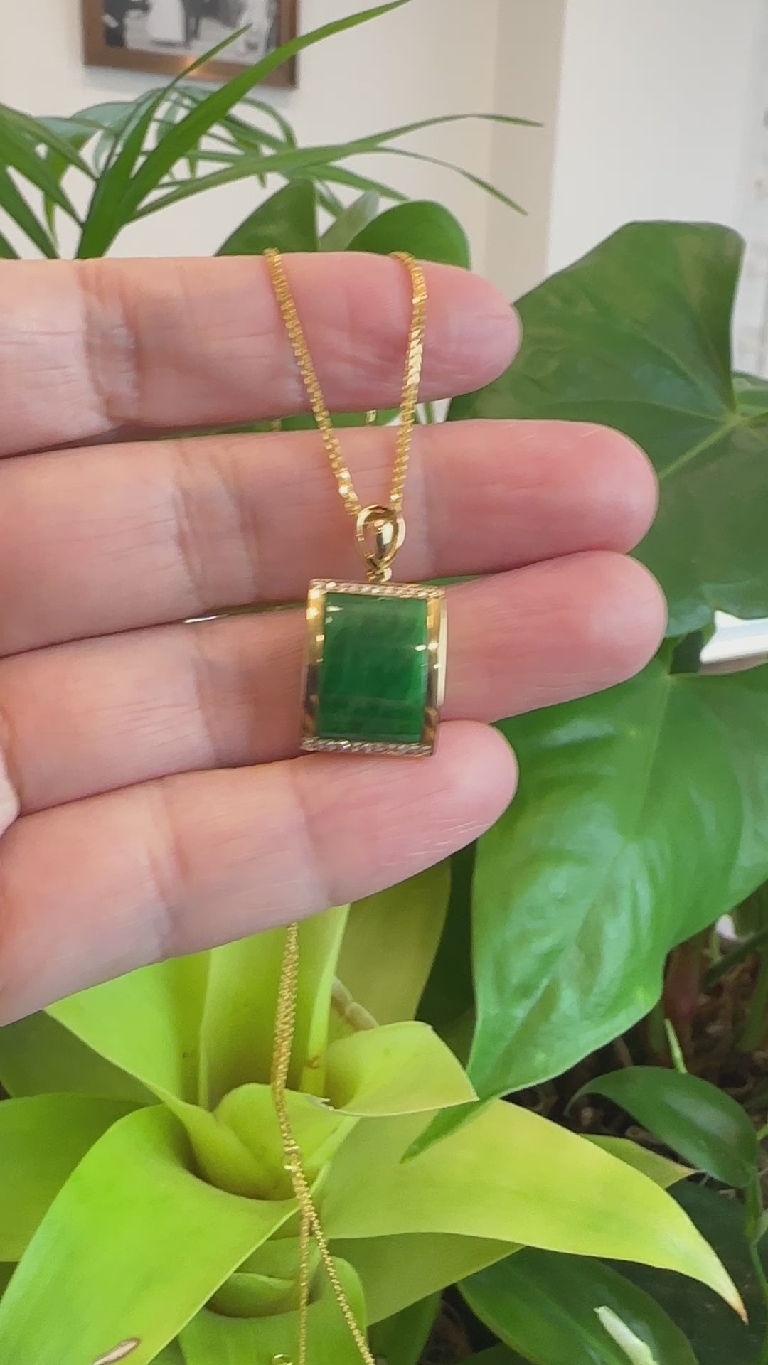 Load and play video in Gallery viewer, RealJade® Co. &amp;quot;Lucky Bamboo&amp;quot; 18k White Gold Genuine Burmese Jadeite RuYi Pendant Necklace With Diamond
