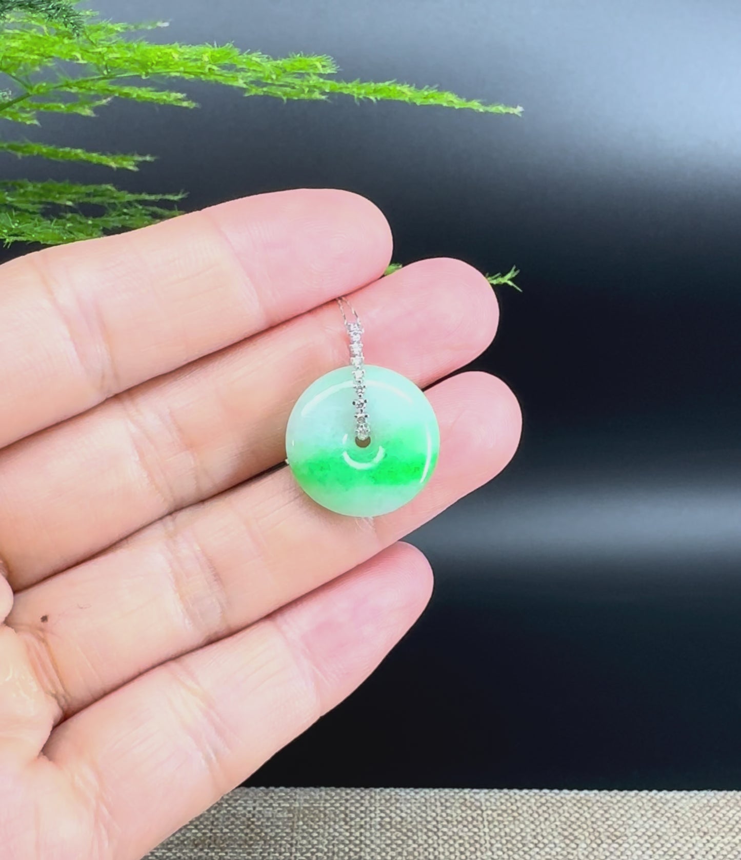 "Good Luck Button" Green Jadeite Jade Lucky KouKou Pendant With 18K White Gold Diamond Bail