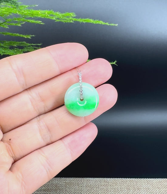 Load and play video in Gallery viewer, &amp;quot;Good Luck Button&amp;quot; Green Jadeite Jade Lucky KouKou Pendant With 18K White Gold Diamond Bail

