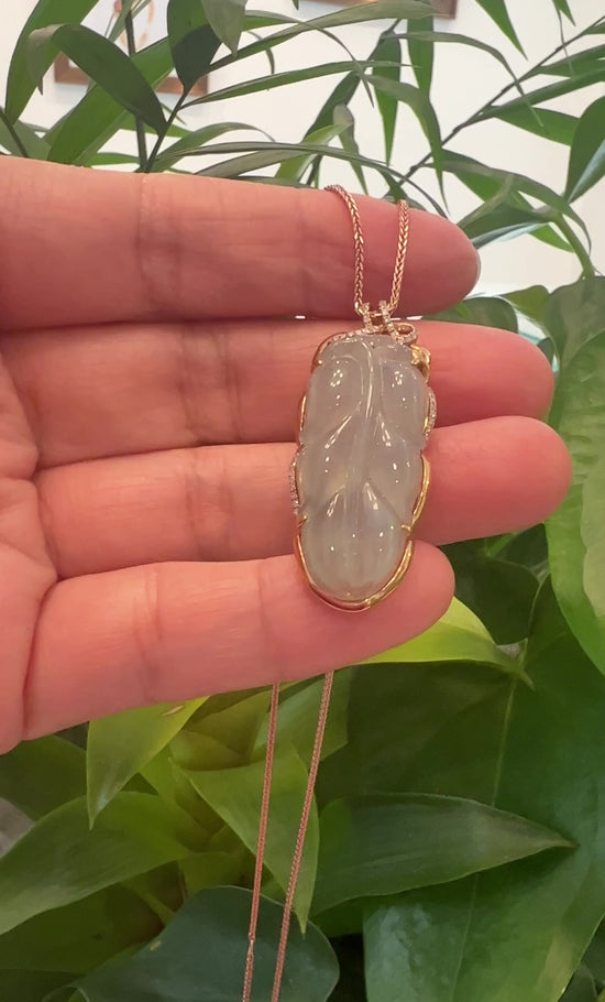 Load and play video in Gallery viewer, Genuine Ice Jadeite Jade Jin Zhi Yu Ye (Leaf) Necklace With Rose Gold VSI Diamond Bail

