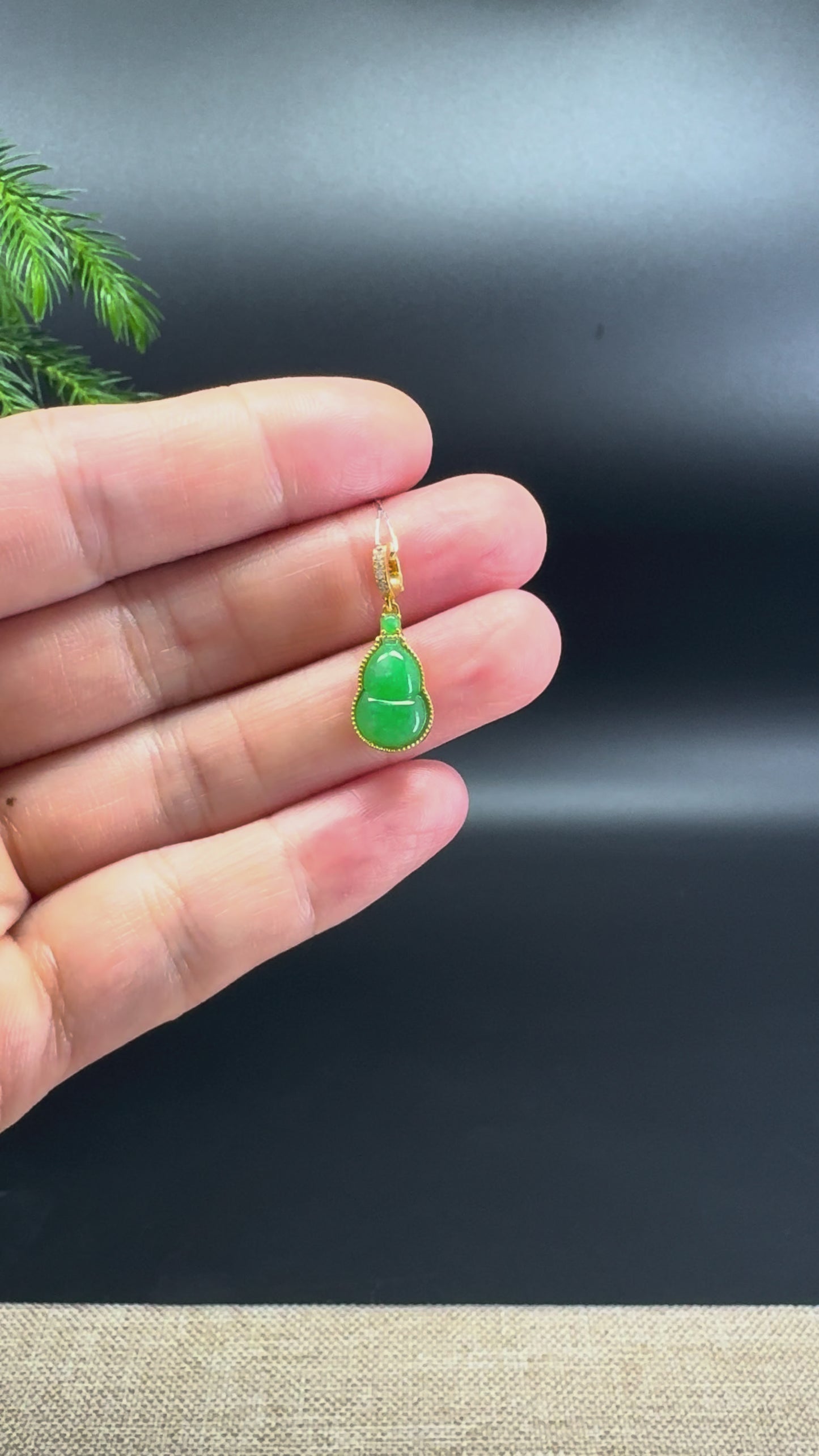 Genuine Green Jadeite Jade Mini Hulu Necklace With 18K Yellow Gold Diamonds Bail