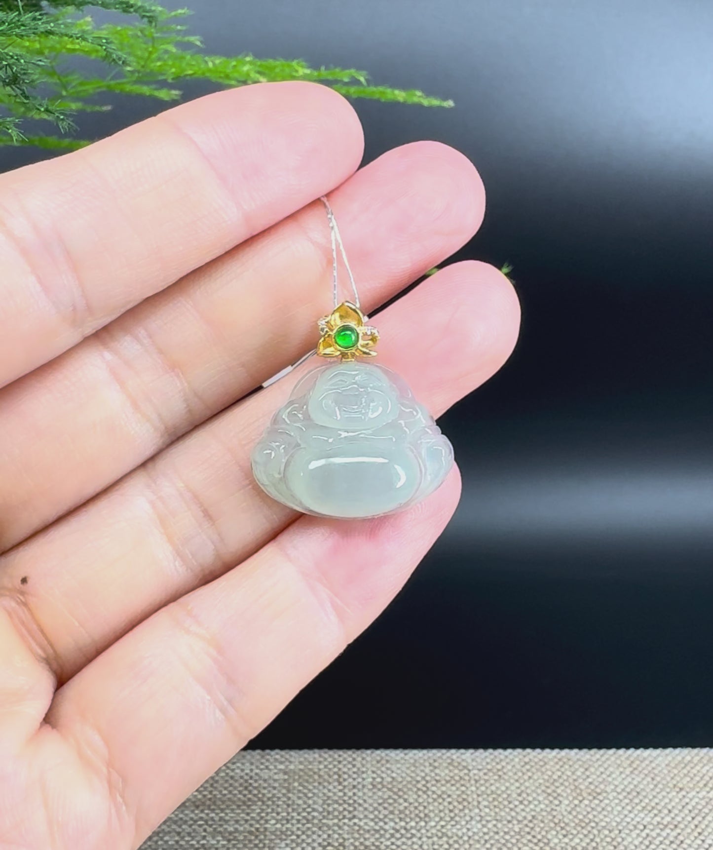 Load and play video in Gallery viewer, 18K Yellow Gold Burmese Icy Jadeite Jade Happy Buddha Pendant
