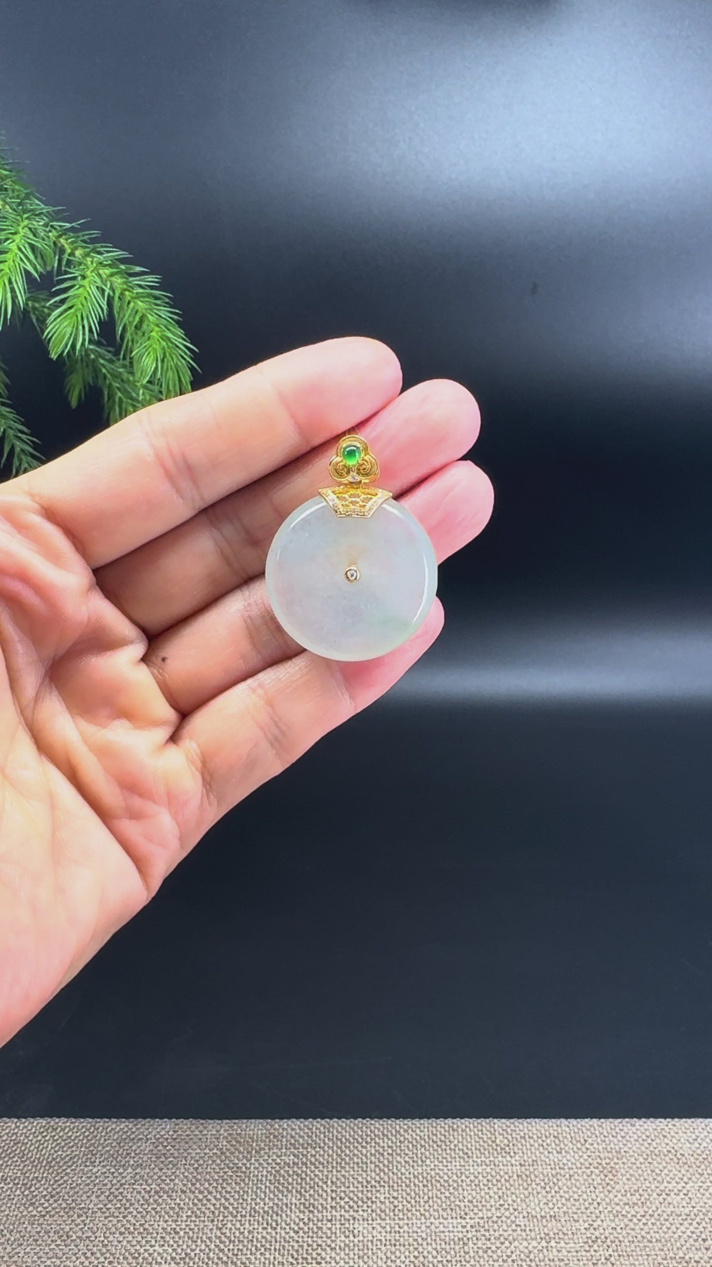 "Good Luck Button" Icy Green Jadeite Jade Lucky KouKou Pendant With 18K Yellow Gold Diamonds Bail