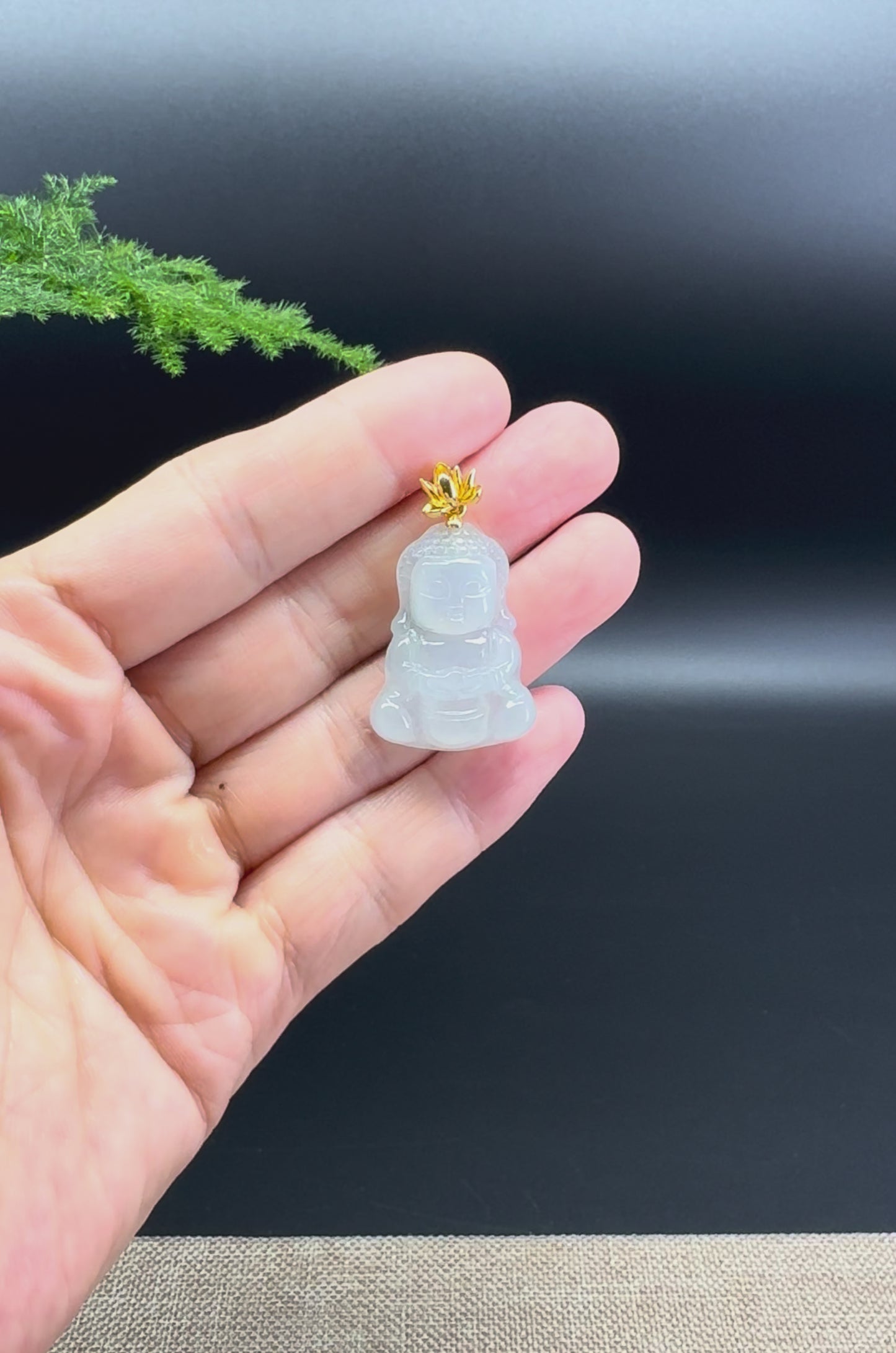 18K Yellow Gold Burmese Icy Moonlight Jadeite Jade Happy Baby Buddha Pendant