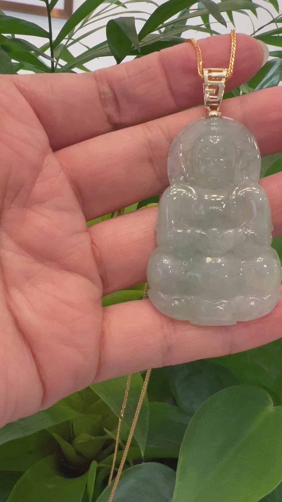Load and play video in Gallery viewer, RealJade® Co. 14k &amp;quot;Goddess of Compassion&amp;quot; Genuine Burmese Jadeite Jade Guanyin Pendant With VS1 Diamond Bail
