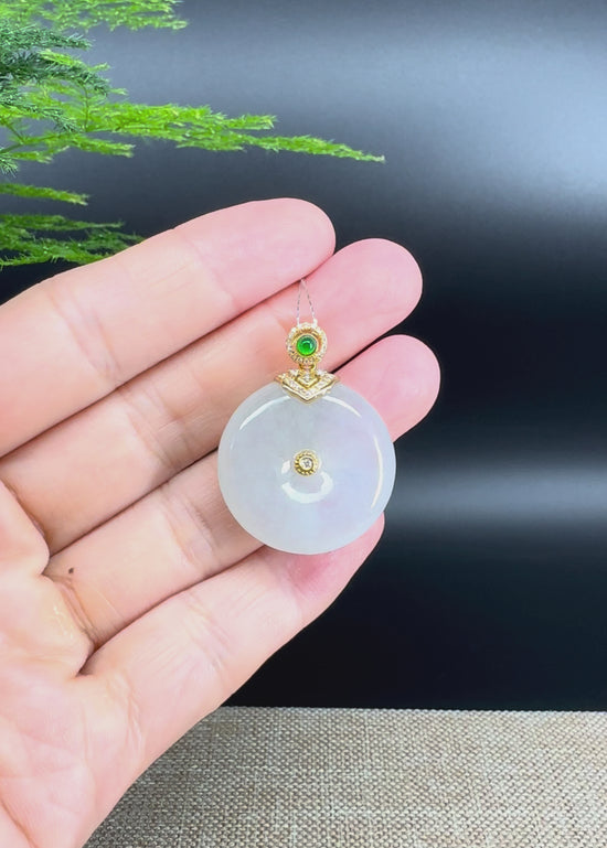 Load and play video in Gallery viewer, &amp;quot;Good Luck Button&amp;quot;Icy Jadeite Jade Lucky KouKou Pendant With 18K Yellow Gold Bail
