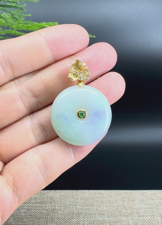 Load and play video in Gallery viewer, &amp;quot;Good Luck Button&amp;quot;Lavender Green Jadeite Jade Lucky KouKou Pendant With 18K Yellow Gold Bail
