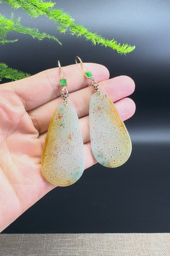 Load and play video in Gallery viewer, 18k Yellow Gold Genuine Icy Yellow Green Jadeite Jade Earrings With Diamonds
