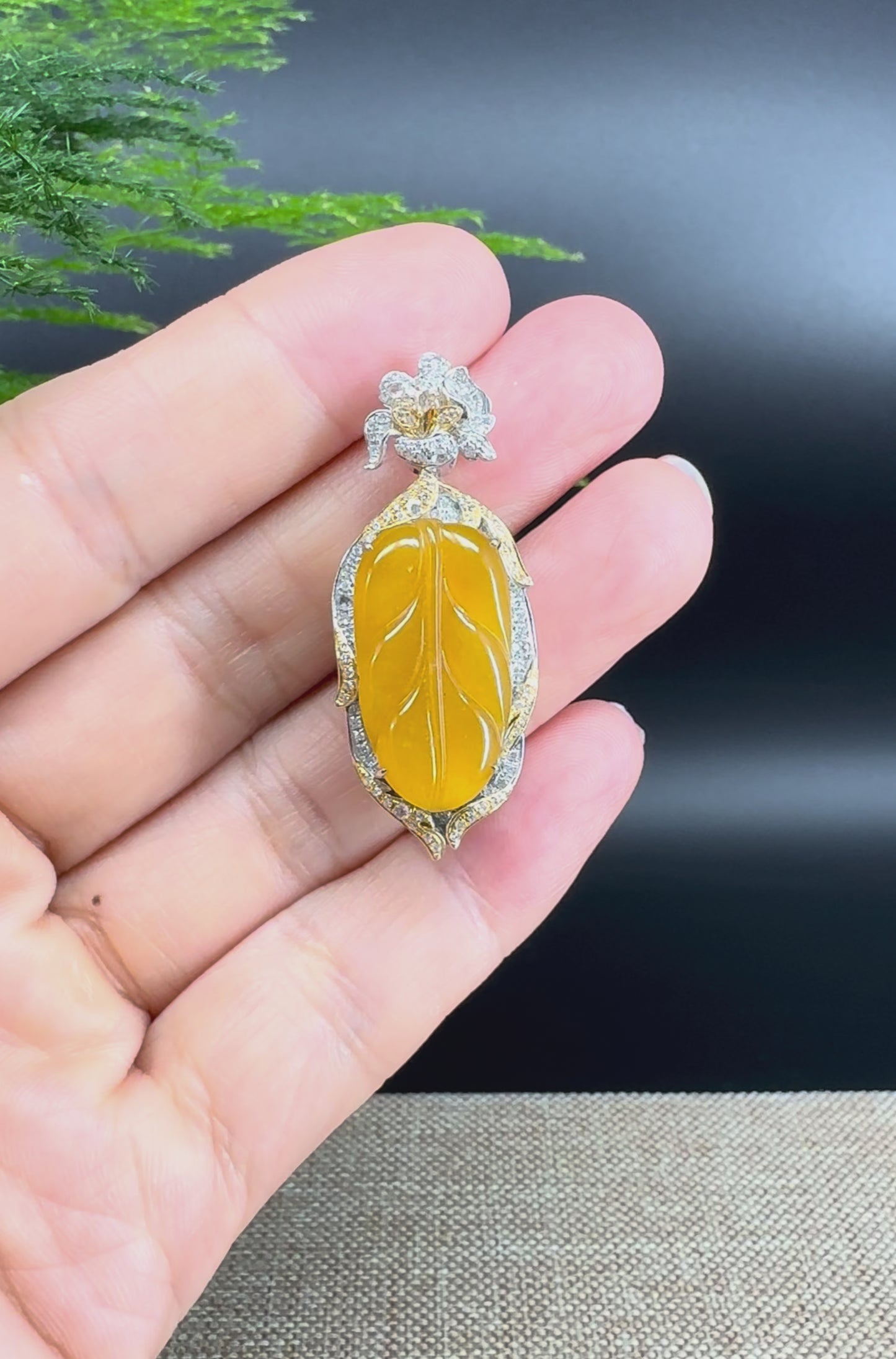 High end genuine Yellow Jadeite Jade Jin Zhi Yu Ye (Leaf) Necklace With Gold Diamond Bail