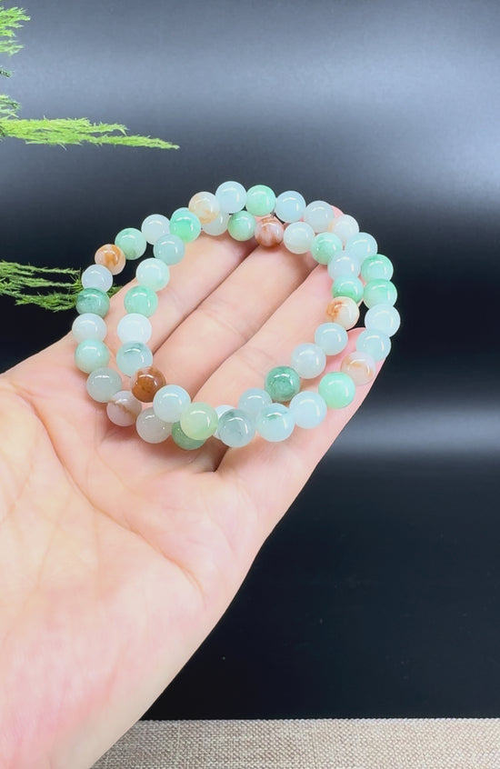 Load and play video in Gallery viewer, RealJade® Co. Genuine Jadeite Jade Round Ice Multiple Colors Beads Bracelet (7.8mm)
