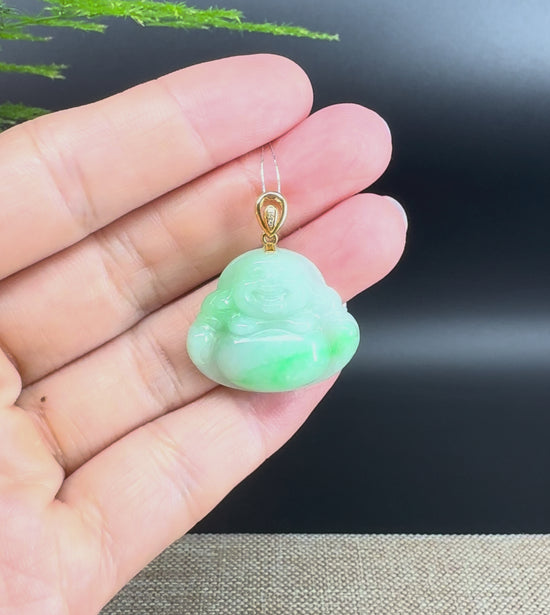 Load and play video in Gallery viewer, 18K Yellow Gold Burmese Green Jadeite Jade Happy Buddha Pendant
