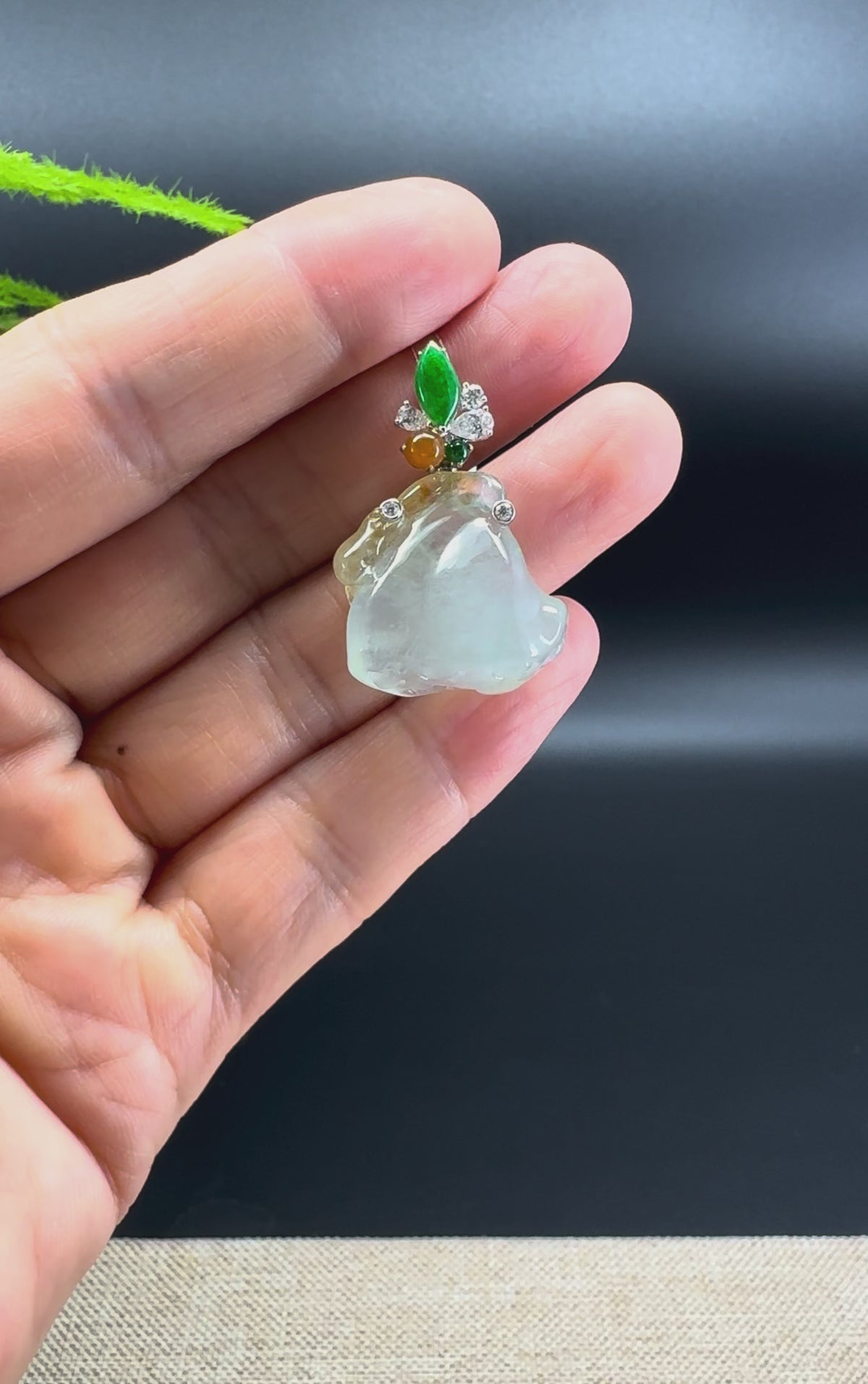 18k White Gold Genuine Icy Green & Yellow Jadeite Jade Lotus Pod Pendant Necklace