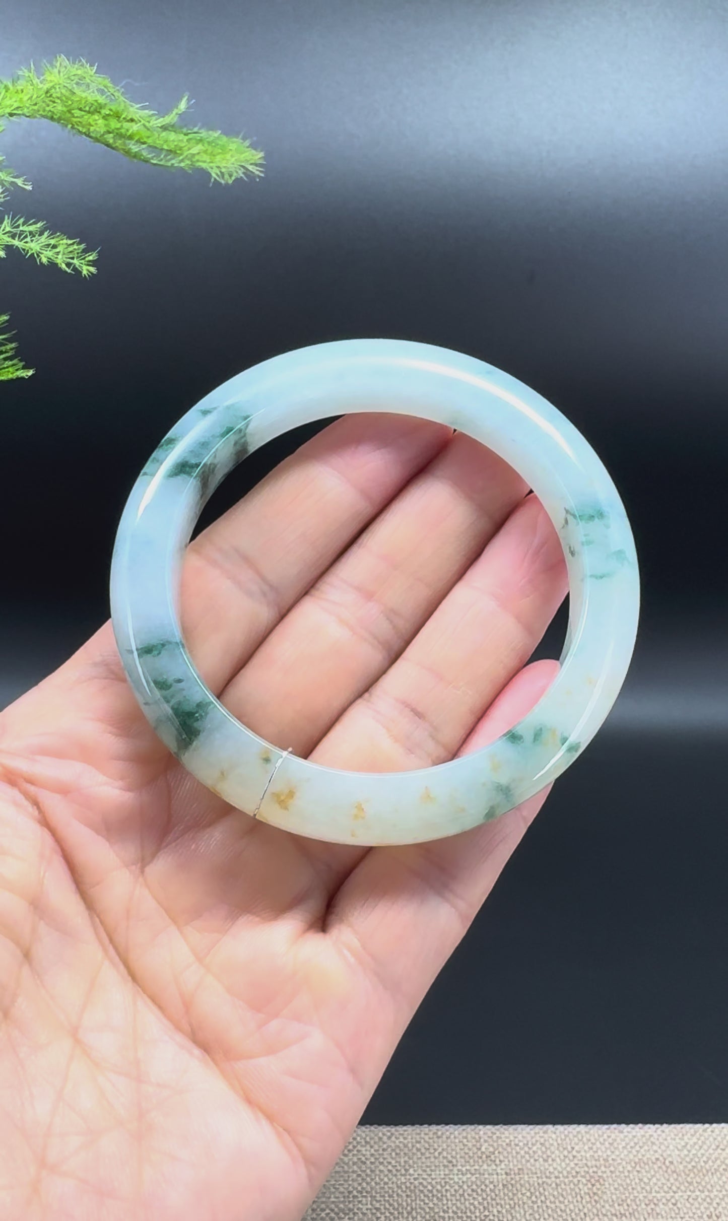 Genuine Burmese Icy Blue Flower Jadeite Jade Bangle Bracelet (55mm)