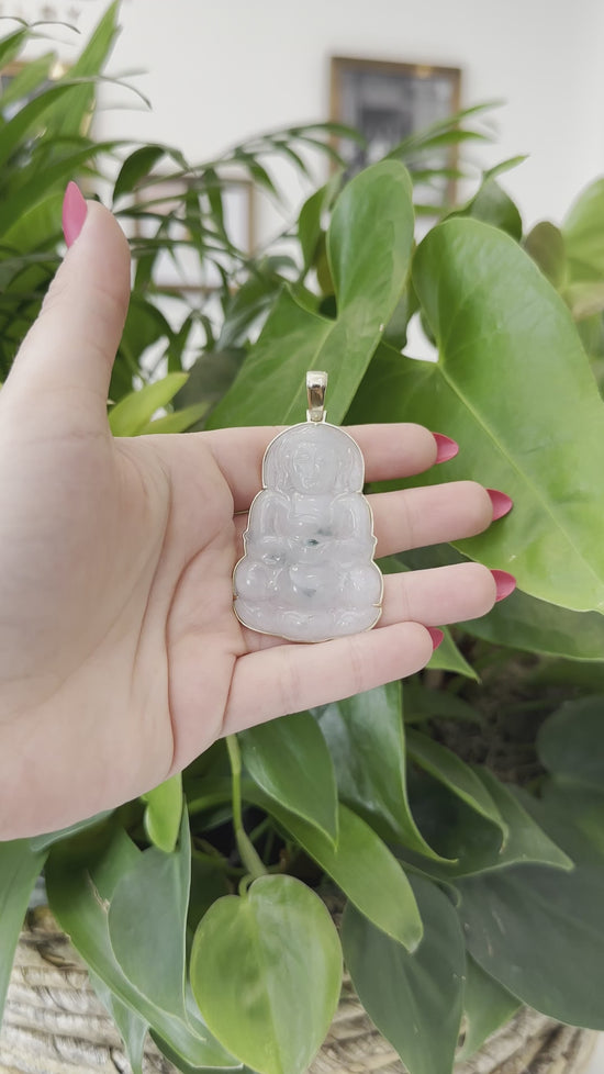 Load and play video in Gallery viewer, RealJade® Co. 14k &amp;quot;Goddess of Compassion&amp;quot; Genuine Burmese Jadeite Jade Guanyin Necklace With Good Luck Design
