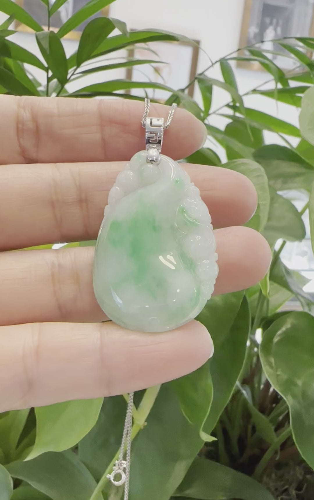 Load and play video in Gallery viewer, Natural Ice Green Jadeite Jade Shou Tao ( Longevity Peach ) Necklace With 14k White Gold Bail
