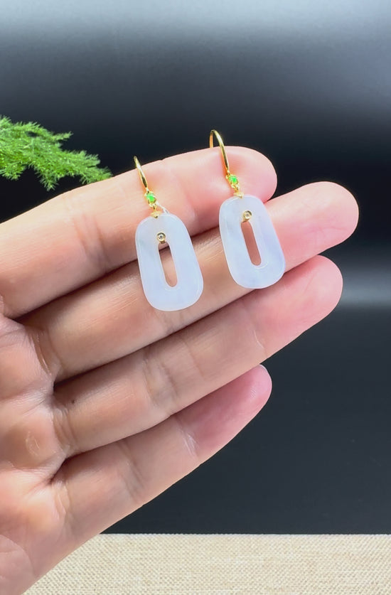 Load and play video in Gallery viewer, 18k Yellow Gold Genuine Light Lavender Koukou Jadeite Jade  Earrings
