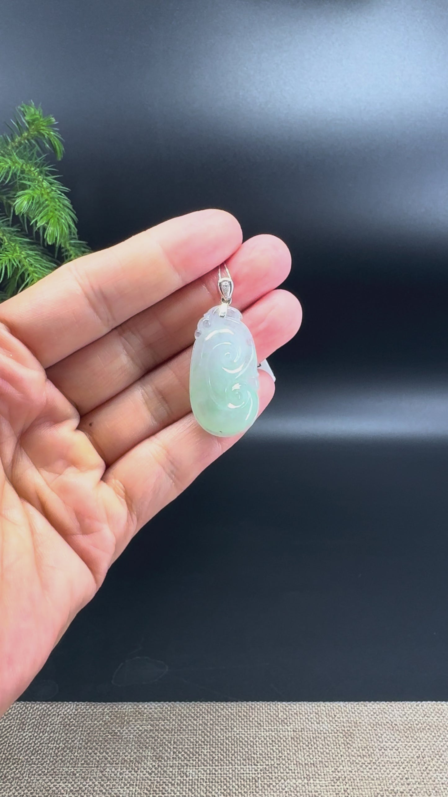 RealJade® Co. Genuine Icy Green Jadeite Jade Good Luck RuYi  Necklace With 18K White Gold Bail
