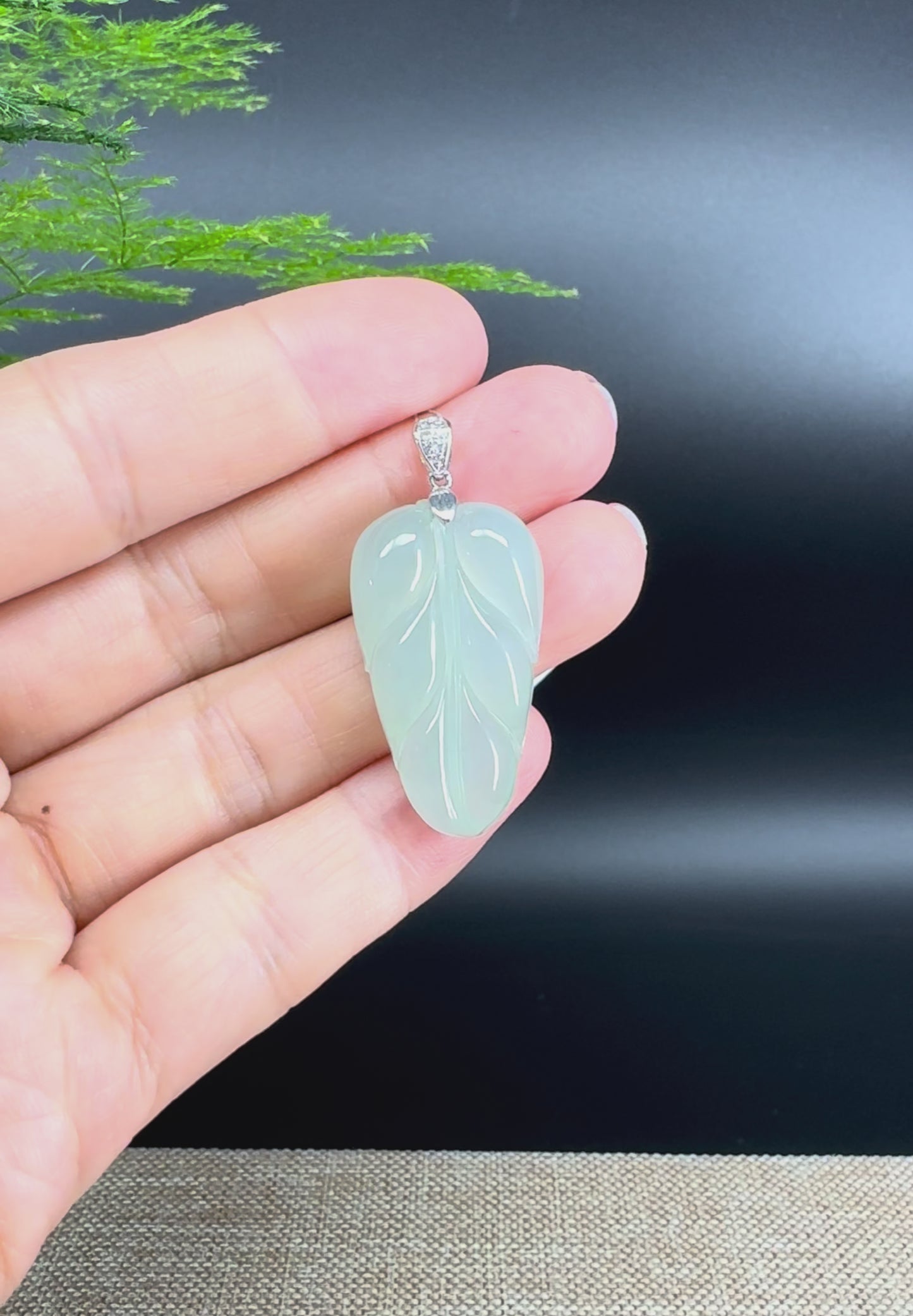 RealJade® Co. Genuine Ice Green Jadeite Jade Jin Zhi Yu Ye (Leaf) Necklace With 18K White Gold Bail