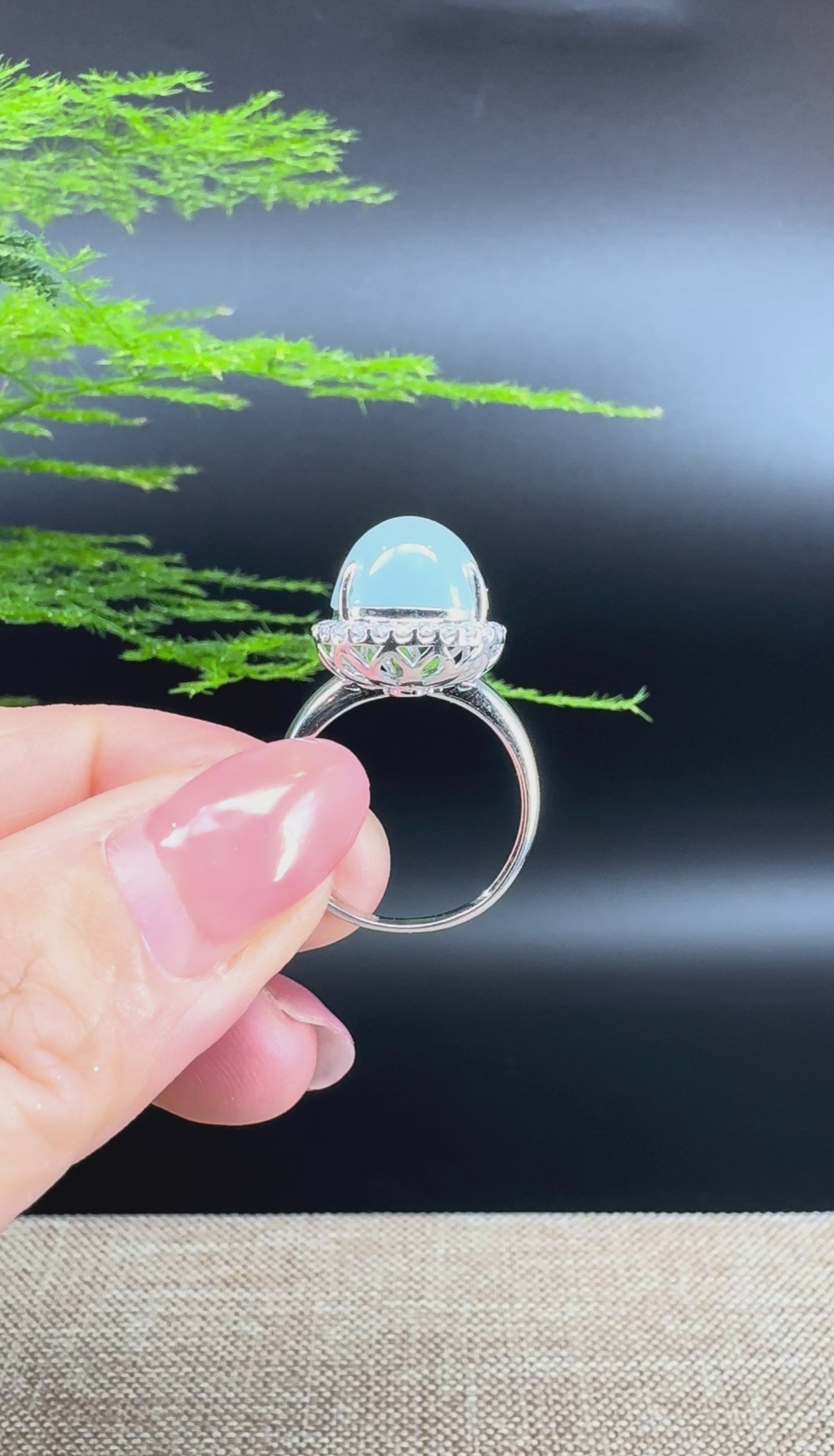 RealJade® "Amelie" 18k White Gold Natural Ice Jadeite Hulu Ring With Diamonds