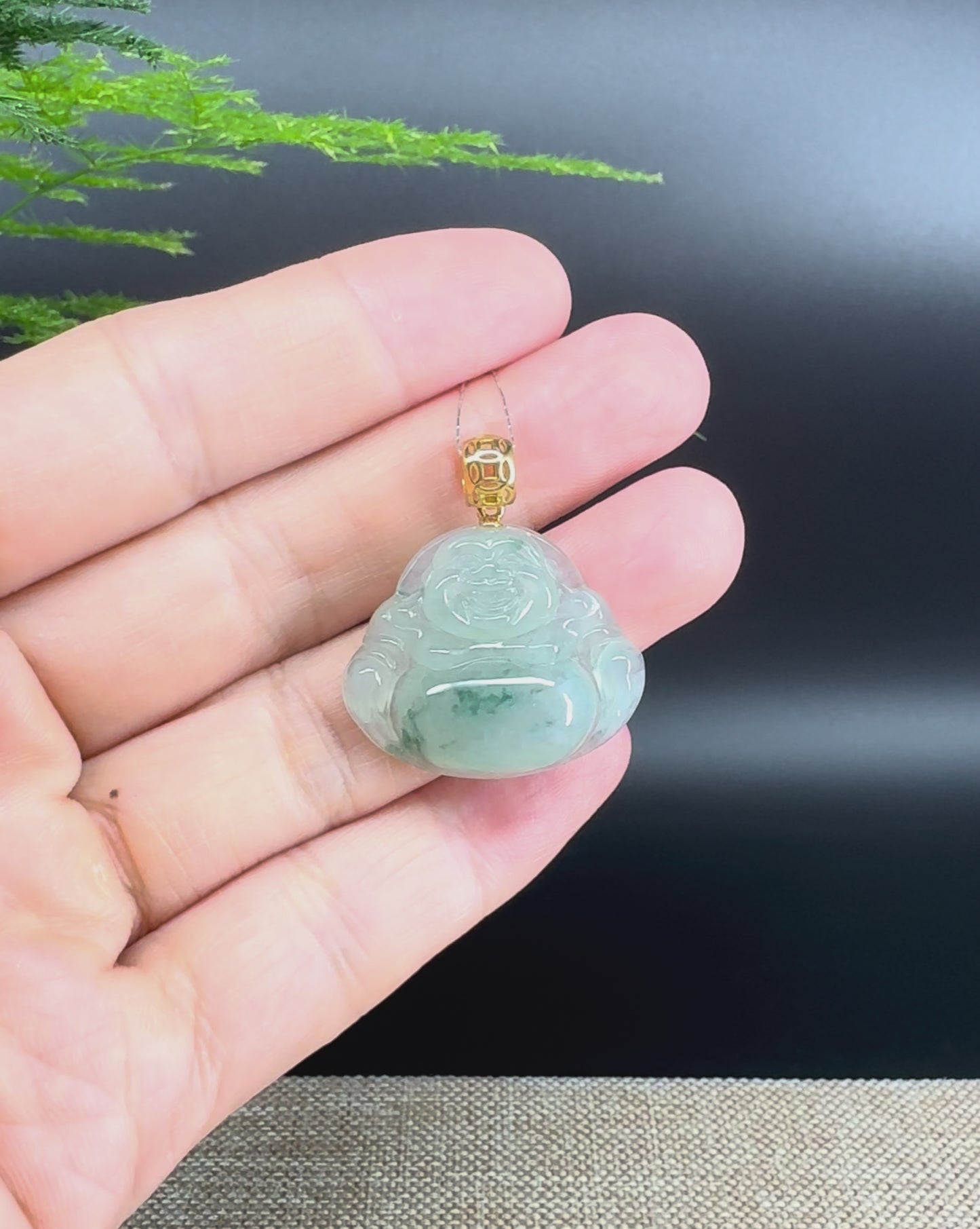 18K Yellow Gold Burmese Icy Blue Flower Jadeite Jade Happy Buddha Pendant