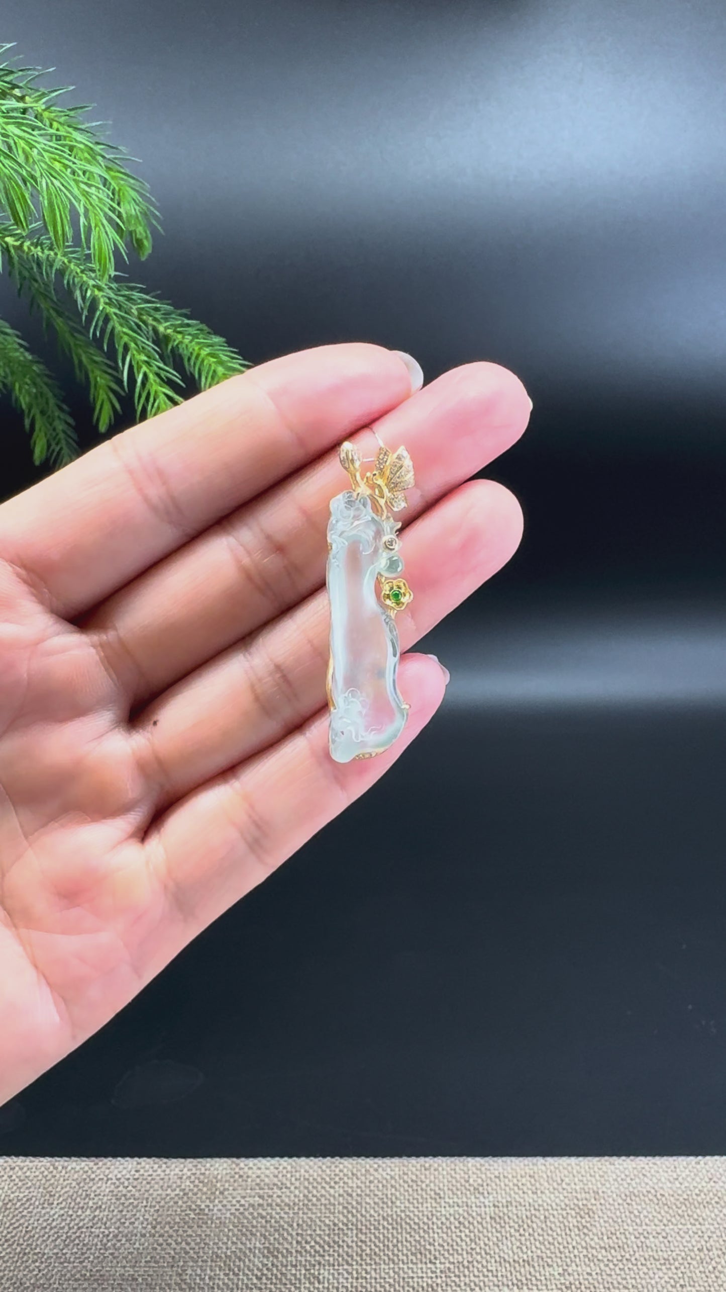 Load and play video in Gallery viewer, RealJade® &amp;quot;Plum Blossom Tree&amp;quot; 18K Yellow Gold Icy Jadeite Jade Classic Pendant &amp;amp; Brooch
