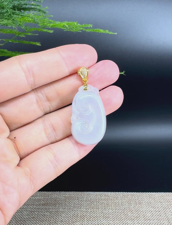 Load and play video in Gallery viewer, RealJade® Co. Genuine Icy Jadeite Jade Good Luck RuYi Necklace With 18K Yellow Gold Bail
