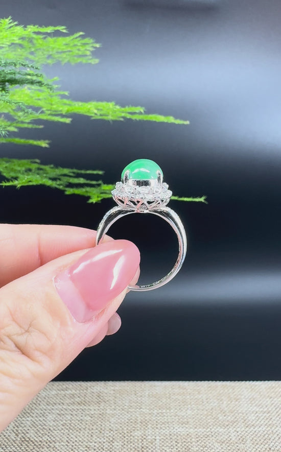 Load and play video in Gallery viewer, RealJade® &amp;quot;Signature Signet&amp;quot; 18K White Gold Icy Green Jadeite Jade Ring
