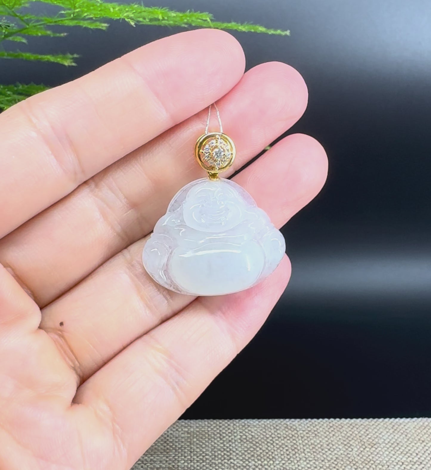 18K Yellow Gold Burmese Icy Jadeite Jade Happy Buddha Pendant