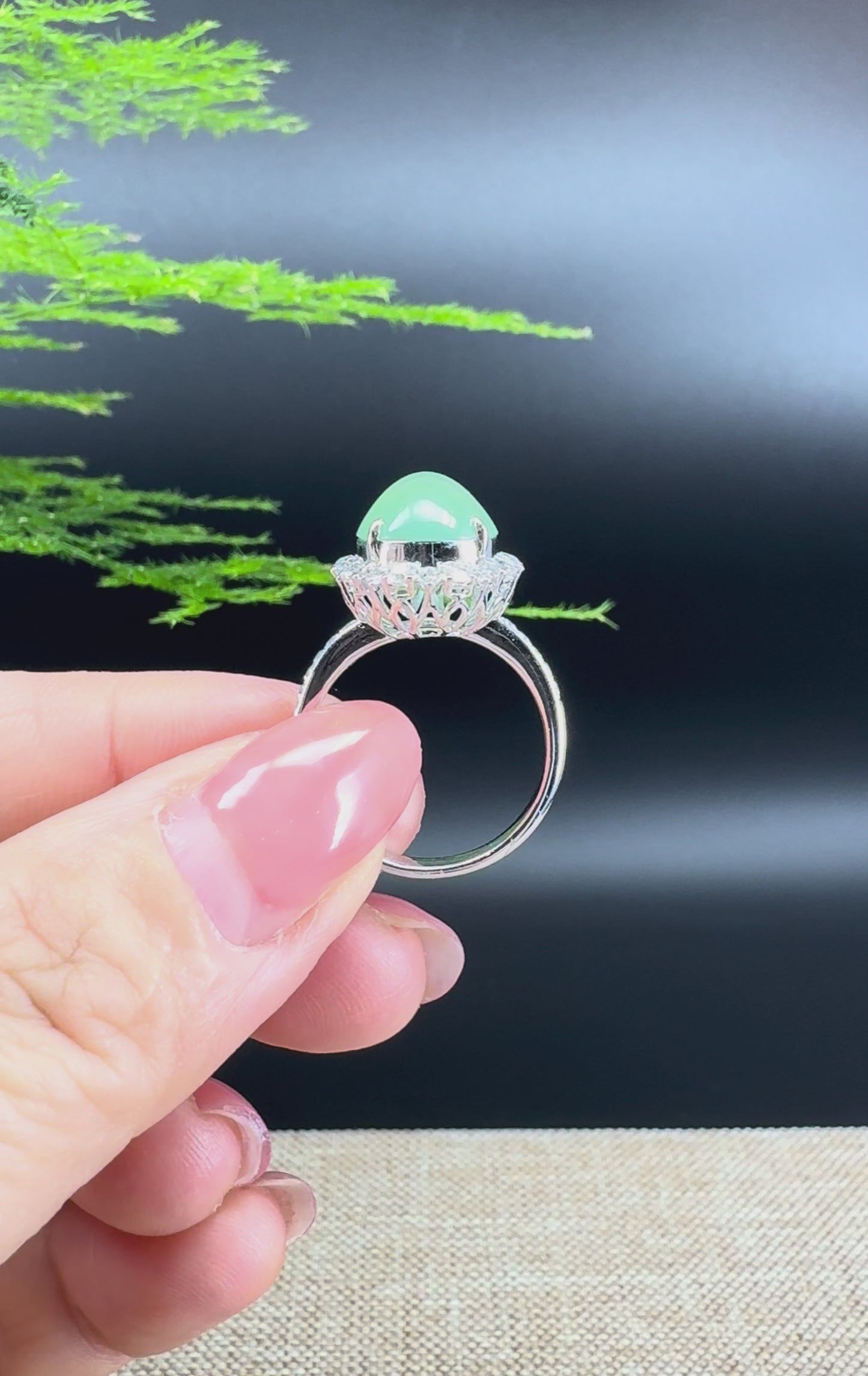 RealJade®  18k White Gold Natural Ice Green Jadeite Engagement Ring With Diamonds