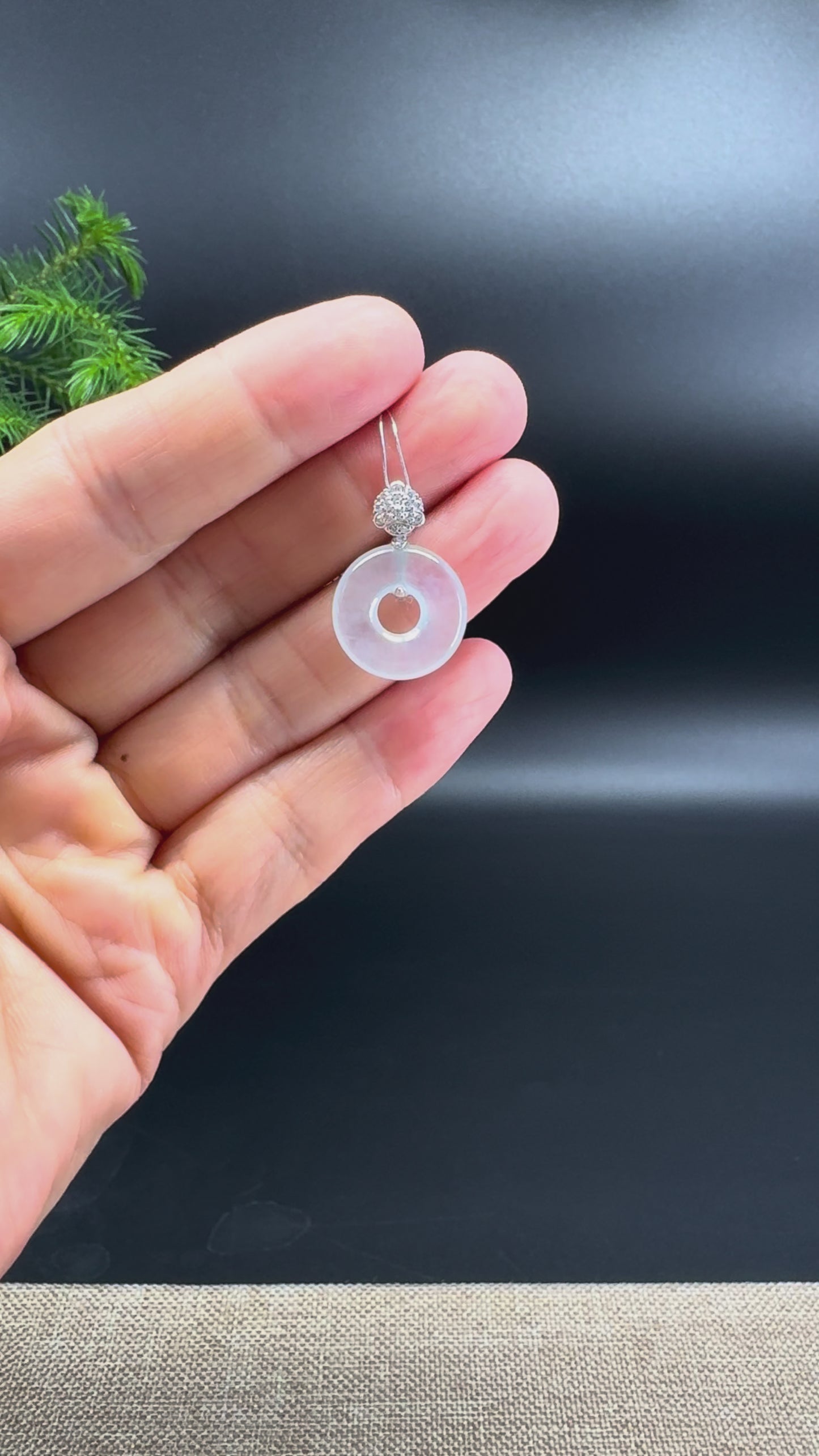 "Good Luck Button" Icy Jadeite Jade Lucky KouKou Pendant With 18K White Gold Bail