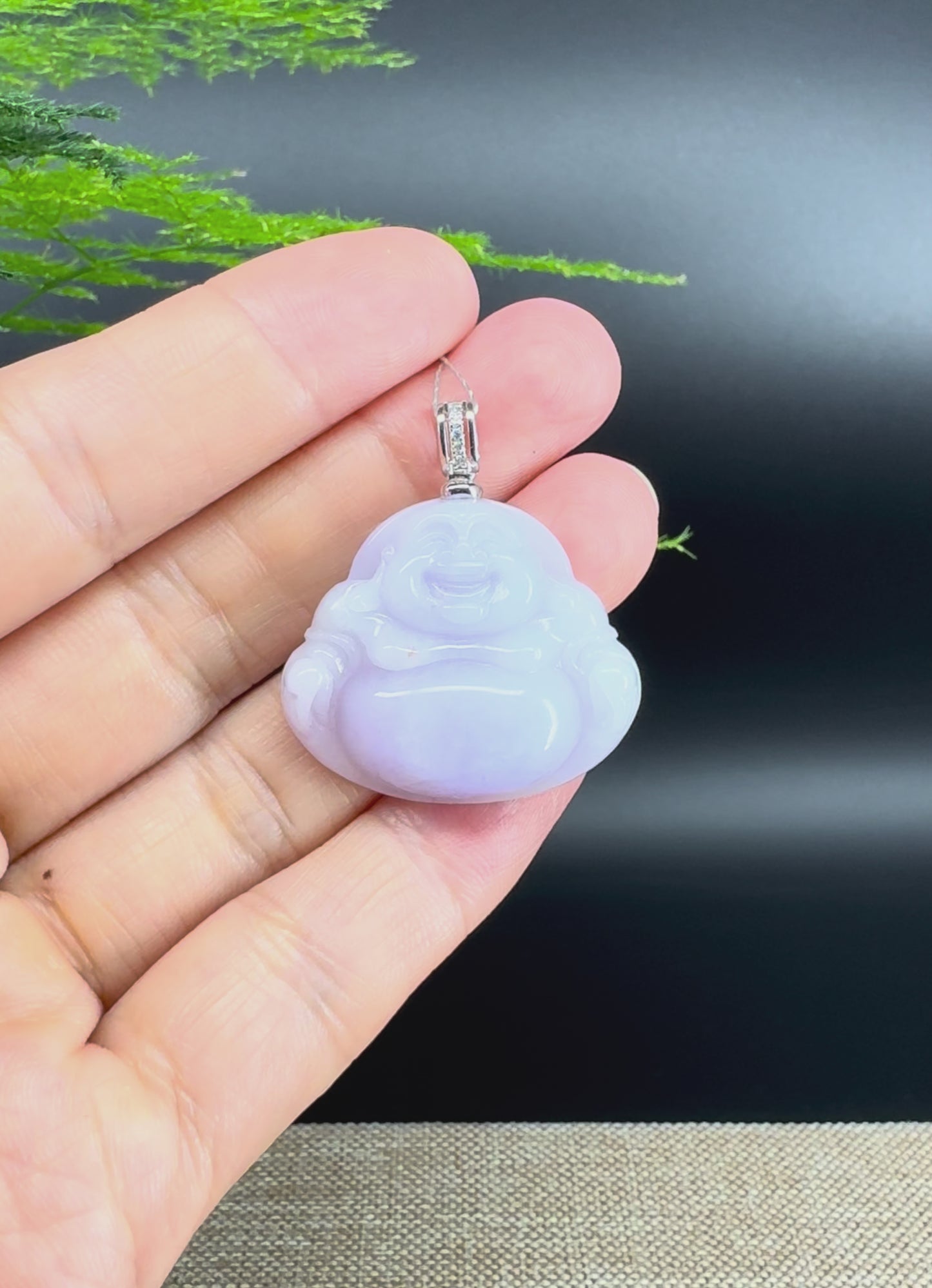 14K White Gold Burmese Lavender Jadeite Jade Happy Buddha Pendant with Diamond