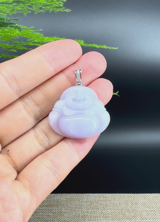 Load and play video in Gallery viewer, 18K White Gold Burmese Lavender Jadeite Jade Happy Buddha Pendant with Diamond
