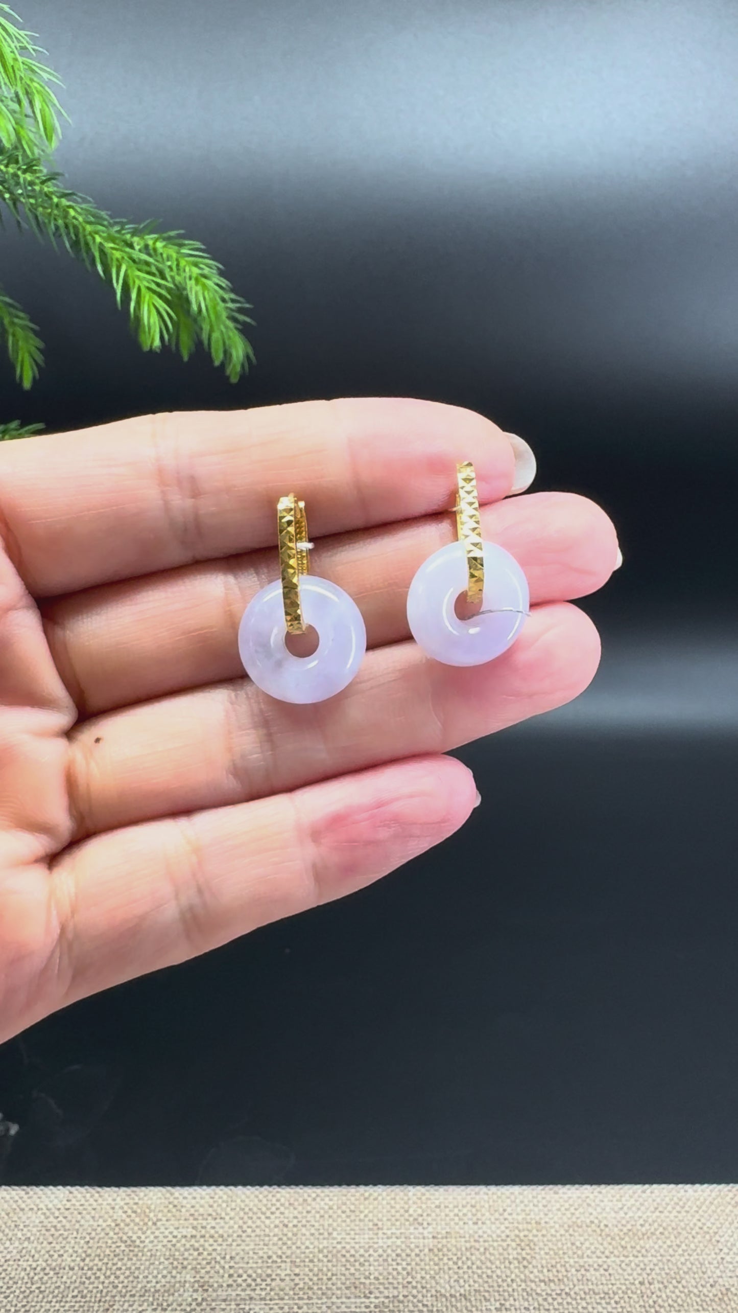 18k Yellow Gold Genuine Lavender Koukou Jadeite Jade Earrings