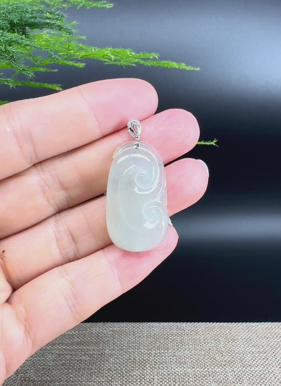 Load and play video in Gallery viewer, RealJade® Co. Genuine Icy Green Jadeite Jade Good Luck RuYi Necklace With 18K  White Gold Bail
