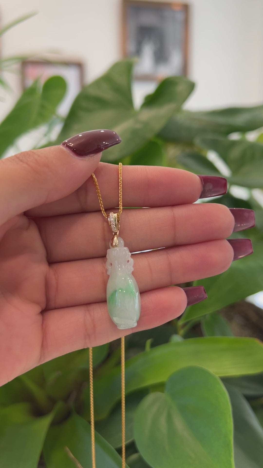Load and play video in Gallery viewer, Natural Jadeite Jade Lucky Bottle Necklace with 14k Yellow Gold Bail
