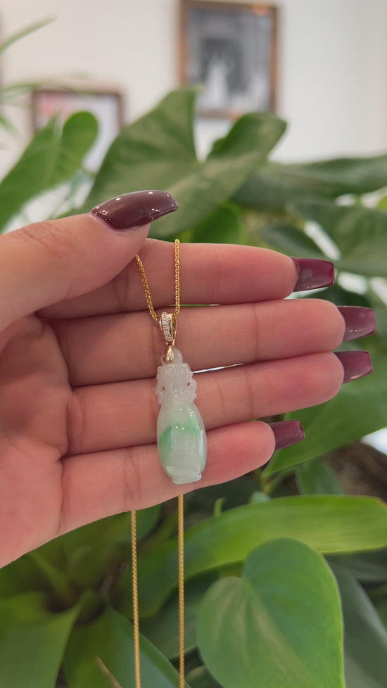 Load and play video in Gallery viewer, Natural Jadeite Jade Lucky Bottle Necklace with 14k Yellow Gold Bail
