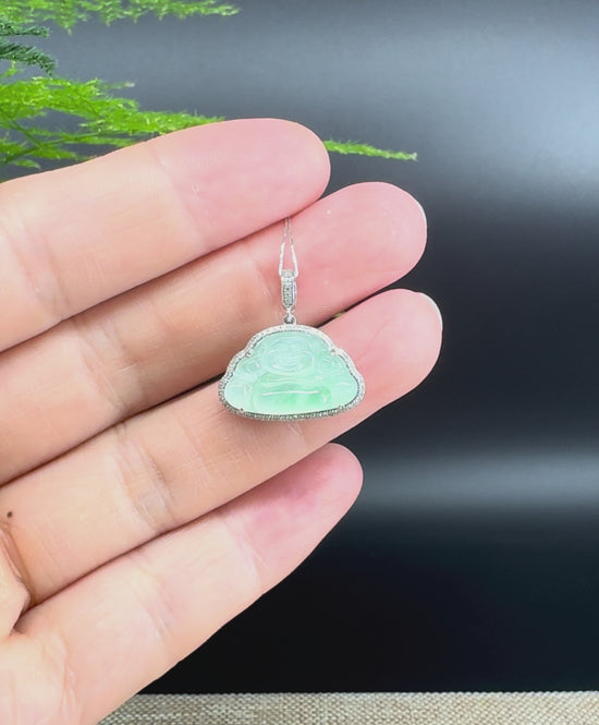 Load and play video in Gallery viewer, RealJade® Co. High-end 18K White Gold Genuine Burmese Ice Green Jadeite Jade Buddha Pendant with Diamonds High Jewelry
