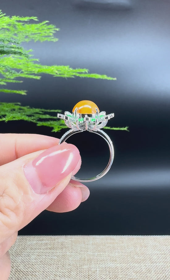 Load and play video in Gallery viewer, RealJade® &amp;quot;Amelie&amp;quot; 18k White Gold Natural Honey Yellow Jadeite  Engagement Ring With Diamonds
