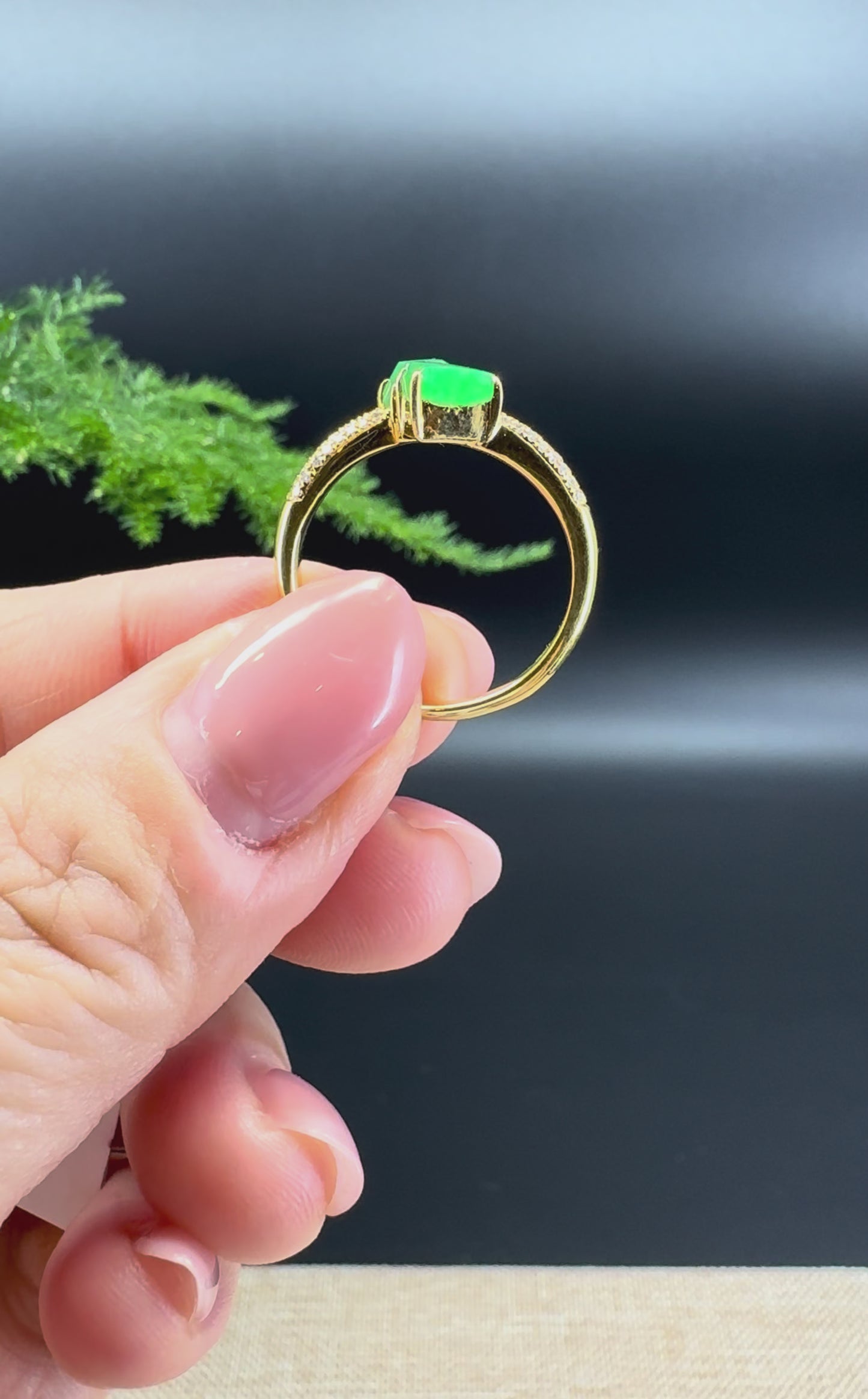 RealJade® 18k Yellow Gold Natural Rich Green Jadeite Free-Form Ring With Diamonds