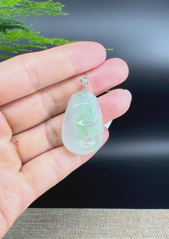 Load and play video in Gallery viewer, RealJade® Co. Genuine Icy Green Jadeite Jade Good Luck RuYi Necklace With 18K  White Gold Bail
