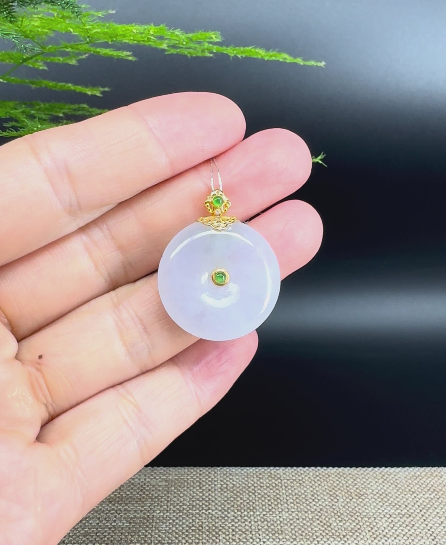 Load and play video in Gallery viewer, &amp;quot;Good Luck Button&amp;quot; Lavender Jadeite Jade Lucky KouKou Pendant With 18K Yellow Gold  Bail
